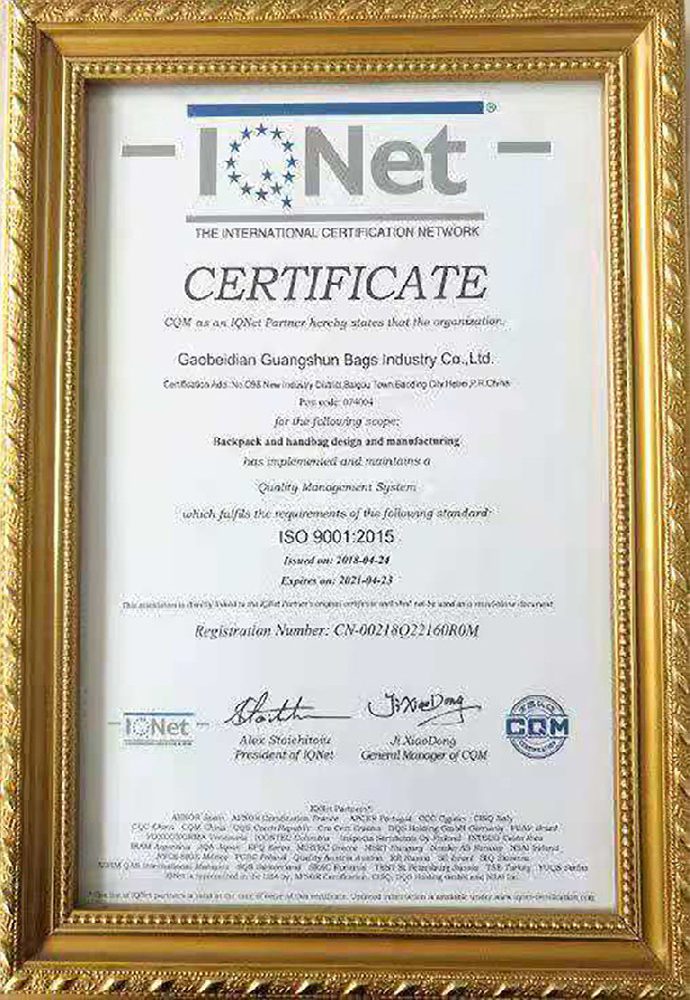 ISO 9001 quality management certificate for Guangshun Bags