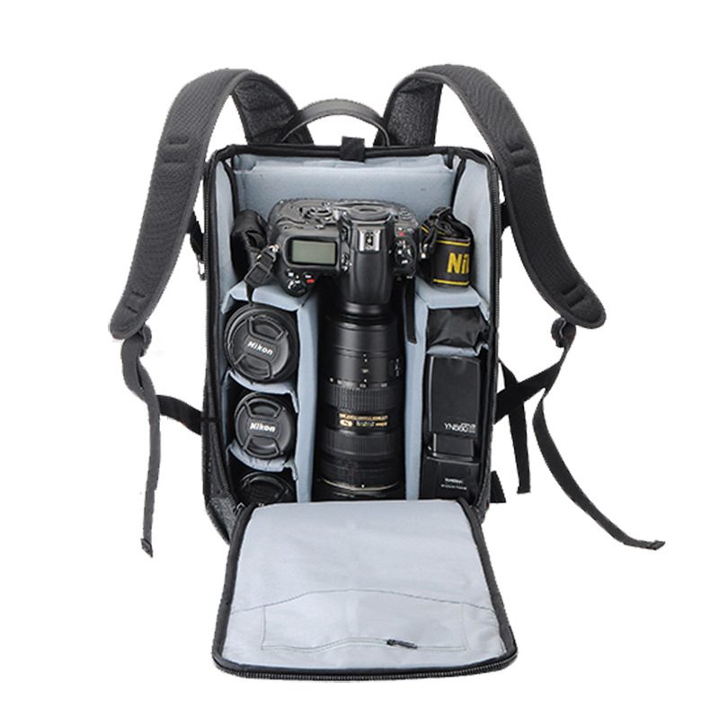Open custom camera backpack with padded dividers