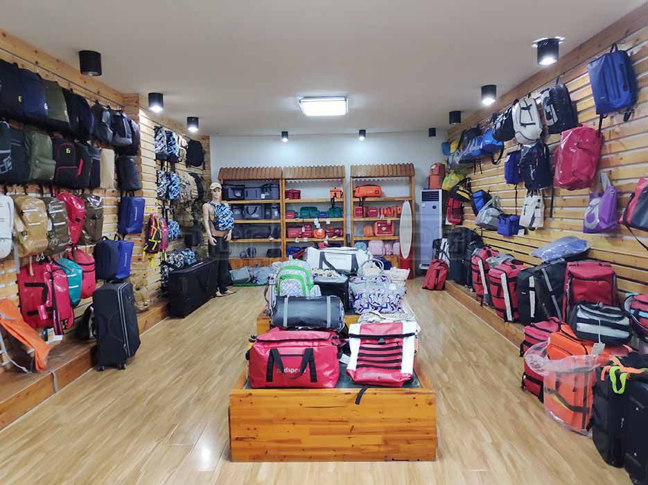 Bag showroom with backpacks and sports bag samples